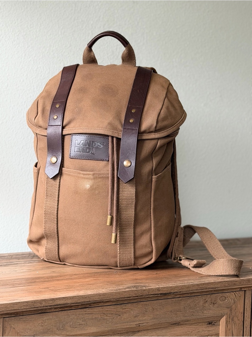 Lands' End Canvas Leather Brown Heavy Duty Laptop Messenger Vintage Backpack